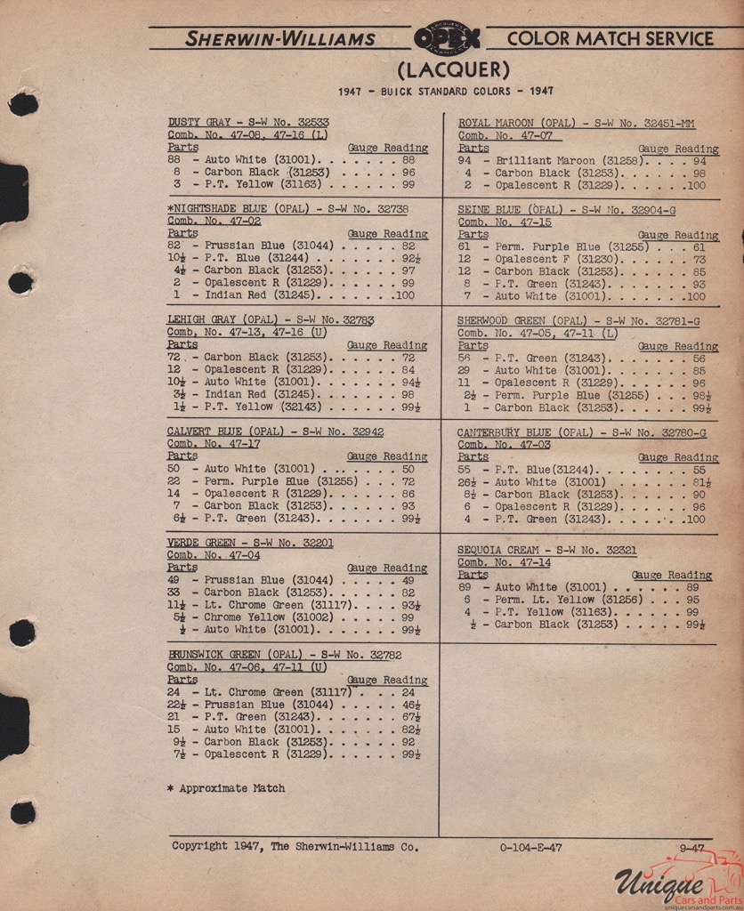 1947 Buick Paint Charts Williams 3